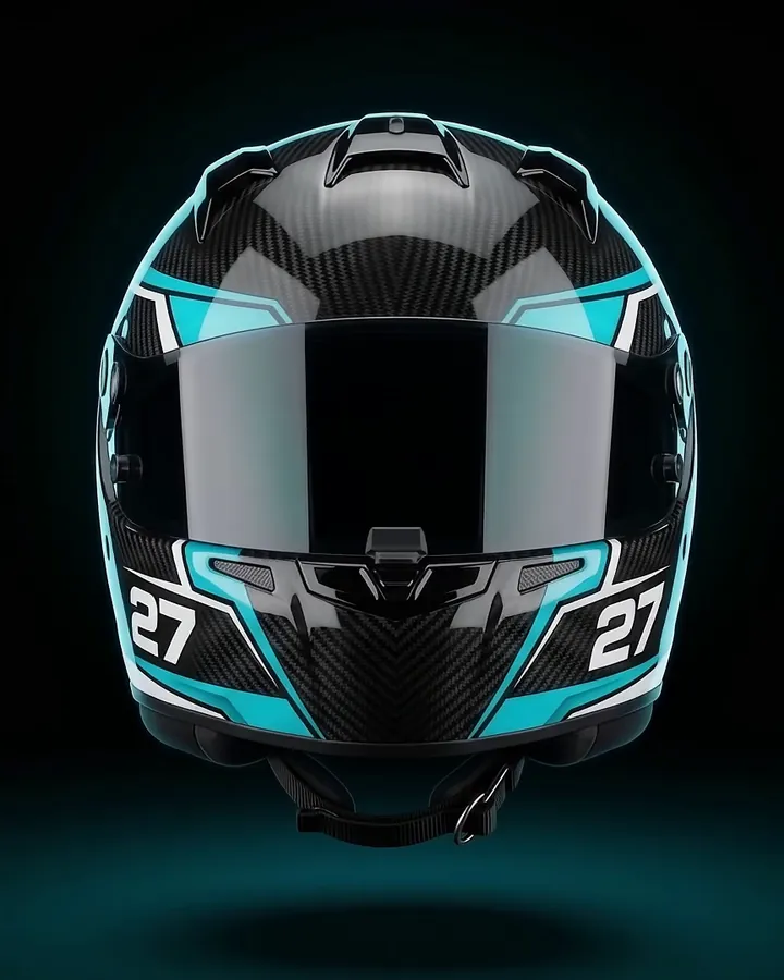 Capacete de carbono com grafismo ciano e branco e o número 27 nas laterais, de frente, num estúdio escuro.