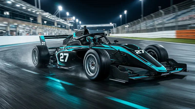 Carro de fórmula preto com faixas ciano e o número 27, acelerando na pista molhada à noite.