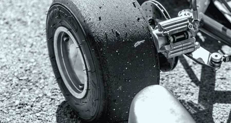 Pneu slick de kart gasto, com borracha raspada depois da corrida.